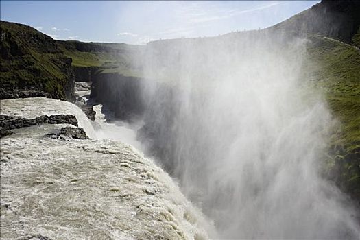 冰岛,金色,瀑布,高,一对,白色,河,流动,雨,结冰,径流,欧洲