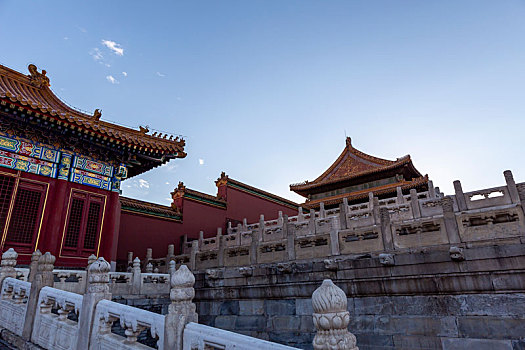 蓝天白云超广角下北京故宫的独特建筑,飞檐走兽,红墙黄瓦