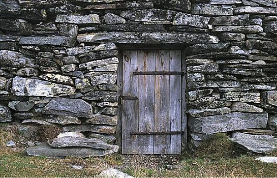 木门,石头,小屋,挪威,斯堪的纳维亚,欧洲