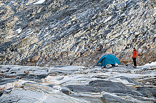 远足者,帐蓬,岩石上,冰河,半岛,东方,格陵兰