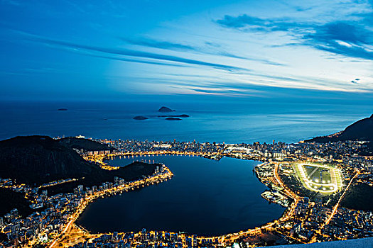 俯拍,泻湖,光亮,夜晚,里约热内卢,巴西
