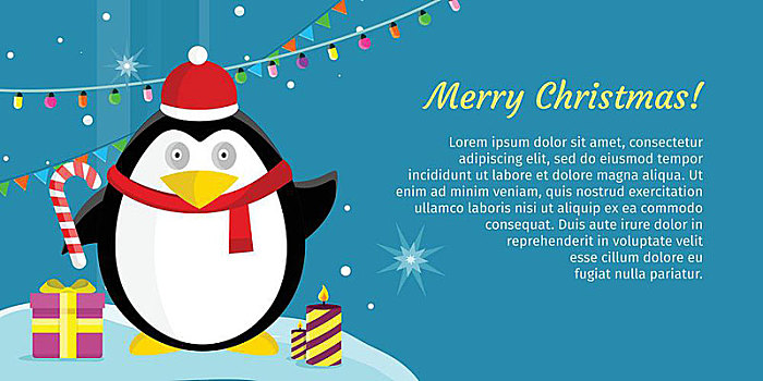 圣诞快乐,概念,矢量,旗帜,风格,有趣,企鹅,圣诞帽,寒假,背景,蜡烛,花环,礼盒,星,插画,贺卡,网页,设计,高兴