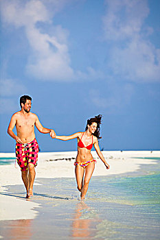 马尔代夫,环礁,岛屿,情侣,蜜月,跑,沙洲