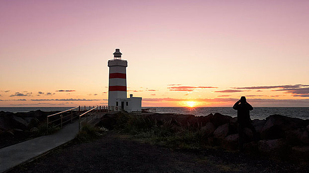 男人,照片,日落,灯塔,半岛,雷克雅奈斯,靠近,雷克雅未克,冰岛,欧洲
