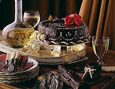 巧克力,聚会,蛋糕,白葡萄酒,玻璃器具