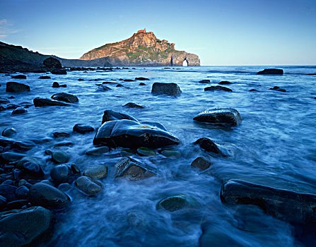 海洋,上方,平滑,石头,拱形,远景,海岸,巴斯克,比斯开湾,西班牙,十月,2008年