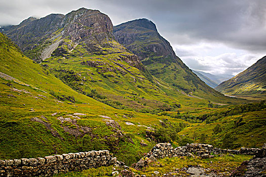 石墙,山谷,风景,仰视,山,高地,苏格兰