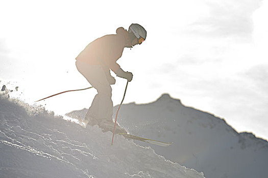 年轻,运动员,男人,开心,滑雪,运动,山坡,冬天,晴天