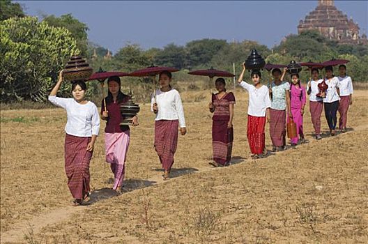年轻,缅甸,女人,伞,地点,靠近,塔,蒲甘