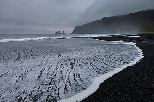 海浪,黑色,海滩,靠近,后面,石头,针,冰岛,欧洲