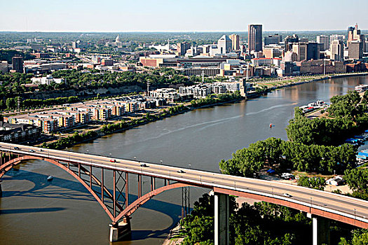 航拍,桥,河,建筑,背景,高,密西西比河,明尼苏达,美国