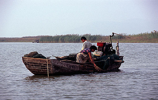 山东泰安水泊梁山所在地东平湖渔民在作业