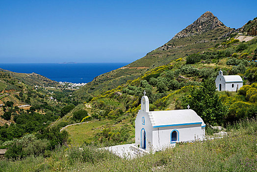两个,小,小教堂,海边风景,北方,纳克索斯岛,基克拉迪群岛,爱琴海,希腊,欧洲