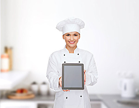 烹调,科技,概念,微笑,女性,厨师,烹饪,做糕点,平板电脑,电脑,留白,显示屏