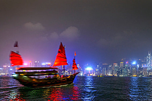 中国帆船,维多利亚港,天际线,背景,夜晚,香港,中国