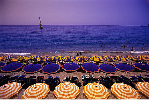 排,伞,椅子,海滩,五渔村,意大利