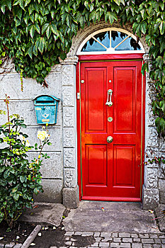 红色,门,石头,入口,金属,邮箱,框架,绿色,常春藤,爱尔兰