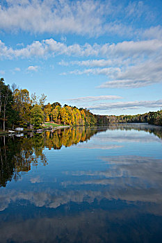 纽约,伊利湖,运河,早晨,秋天,反射,靠近,三个,河,大幅,尺寸