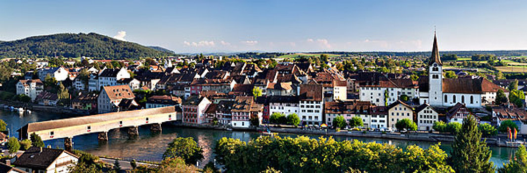 城镇风光,历史,木桥,上方,莱茵河,迪森霍芬,沙夫豪森,瑞士,欧洲