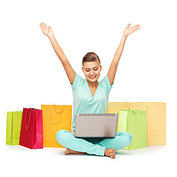 购物,互联网,家,概念,女人,笔记本电脑,购物袋