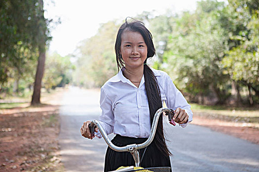 柬埔寨,女孩,自行车,乡间小路,收获