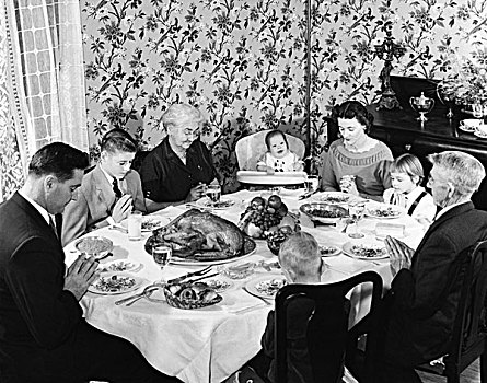 家庭,祈祷,餐桌,感恩节