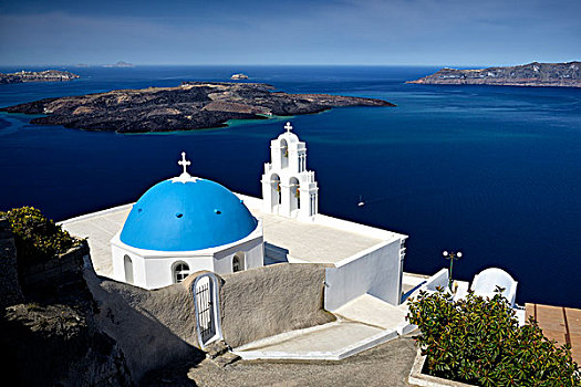 希腊,希腊群岛,爱琴海,基克拉迪群岛,圣托里尼岛,锡拉岛,希腊正教,蓝色,圆顶,乡村,远眺,火山口,火山,岛屿