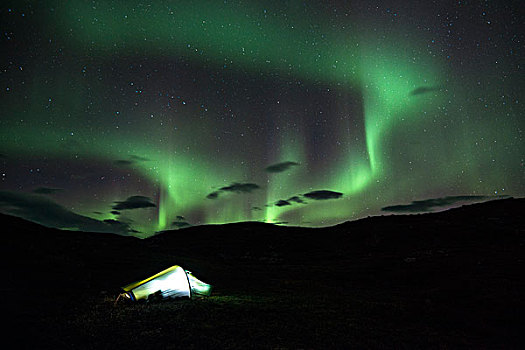 北极光,上方,帐蓬,国家公园,拉普兰,瑞典,欧洲