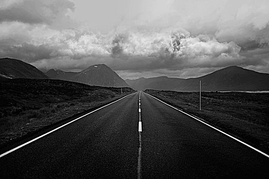黑白,笔直,道路,山,苏格兰高地,苏格兰