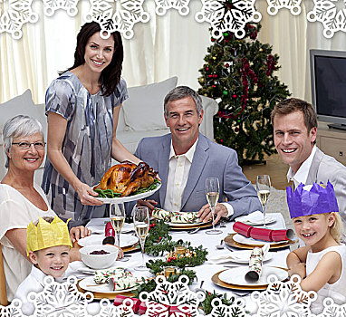 家庭,庆贺,圣诞晚餐,火鸡
