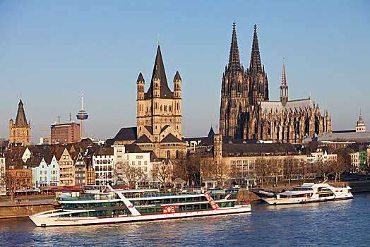 城市风光,莱茵河,市政厅,塔,教堂,科隆大教堂,老城,科隆,北莱茵威斯特伐利亚,德国,欧洲