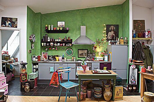 现代,绿色,厨房,灰色,早餐桌