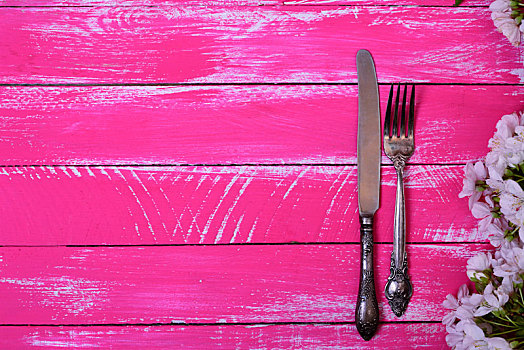 旧式,叉子,刀,粉色,木质,表面