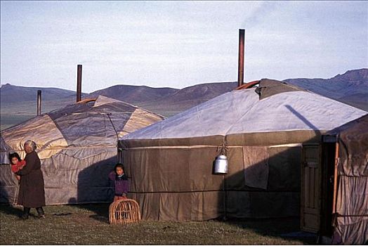 帐蓬,老太太,游牧,孩子,草原,蒙古,亚洲