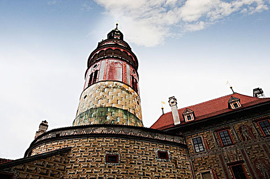 仰视,钟楼,城堡,克鲁姆洛夫,南,波希米亚风格,区域,捷克共和国