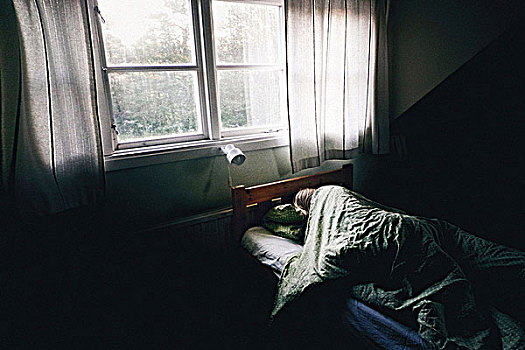 人,睡觉,单人床,阳光,发光,窗户