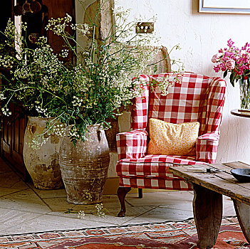 扶手椅,客厅,软垫,红色,白色,格子布,靠近,两个,大,陶器,坛罐,母牛,西芹