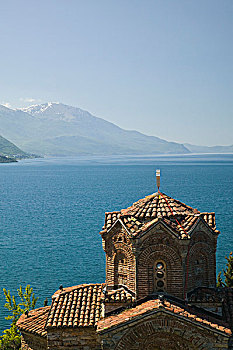 马其顿,教堂,13世纪,湖,早晨