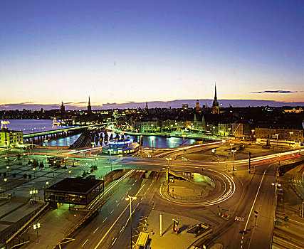 瑞典,斯德哥尔摩,天际线,夜晚,交通