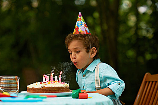 男孩,吹,蜡烛,生日蛋糕,花园,生日派对
