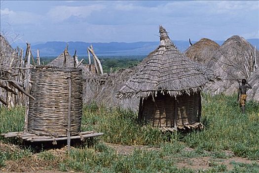 草,小屋,谷仓,住宅区,部落,游牧部落,生活方式,奥莫河,埃塞俄比亚