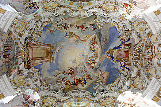 圆顶,壁画,朝圣教堂,维斯,洛可可风格,世界遗产,区域,上巴伐利亚,巴伐利亚,德国,欧洲