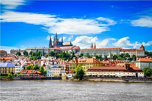 风景,彩色,老城,布拉格城堡,河