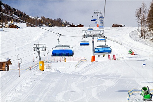 蓝色,空中缆椅,高处,晴朗,滑雪坡