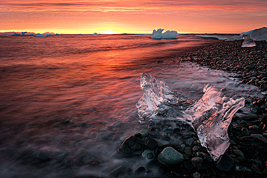 海滩,日出,杰古沙龙湖,冰岛,欧洲