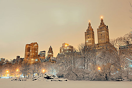 中央公园,冬天,夜晚,摩天大楼,曼哈顿中城,纽约