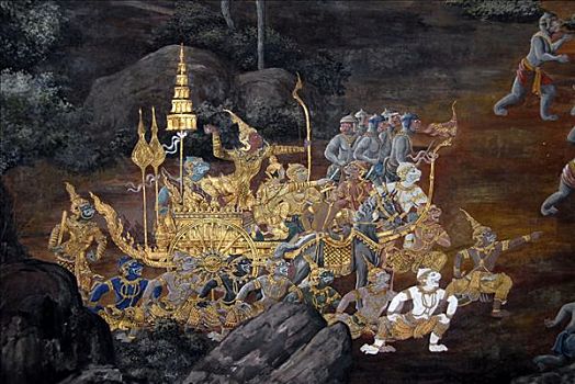 彩色,壁画,罗摩衍那,场景,寺院,地面,皇宫,曼谷,泰国