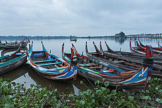 缅甸,曼德勒,渔船,伊洛瓦底江,靠近,乌本桥