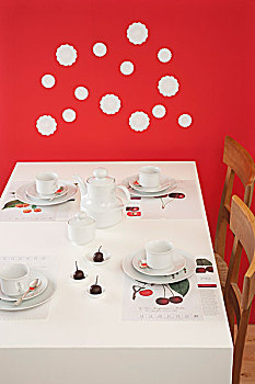 成套餐具,下午,咖啡,樱桃,红墙,装饰,白色,装饰垫布