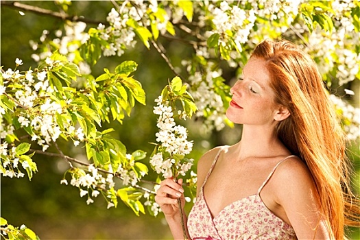 春天,女人,花,树,公园,自然,气味